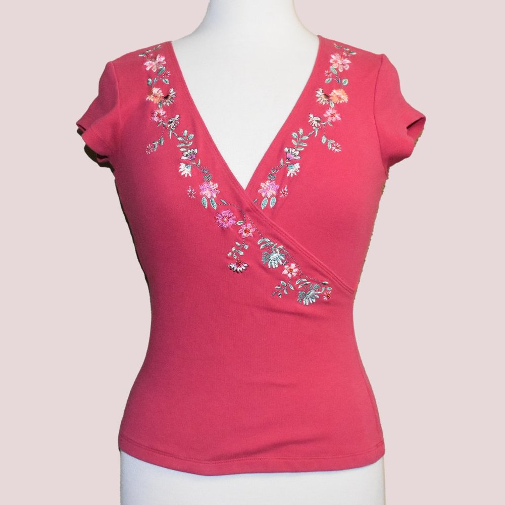 Vintage Express Y2K Pink Embroidered Wrap Top - Size S